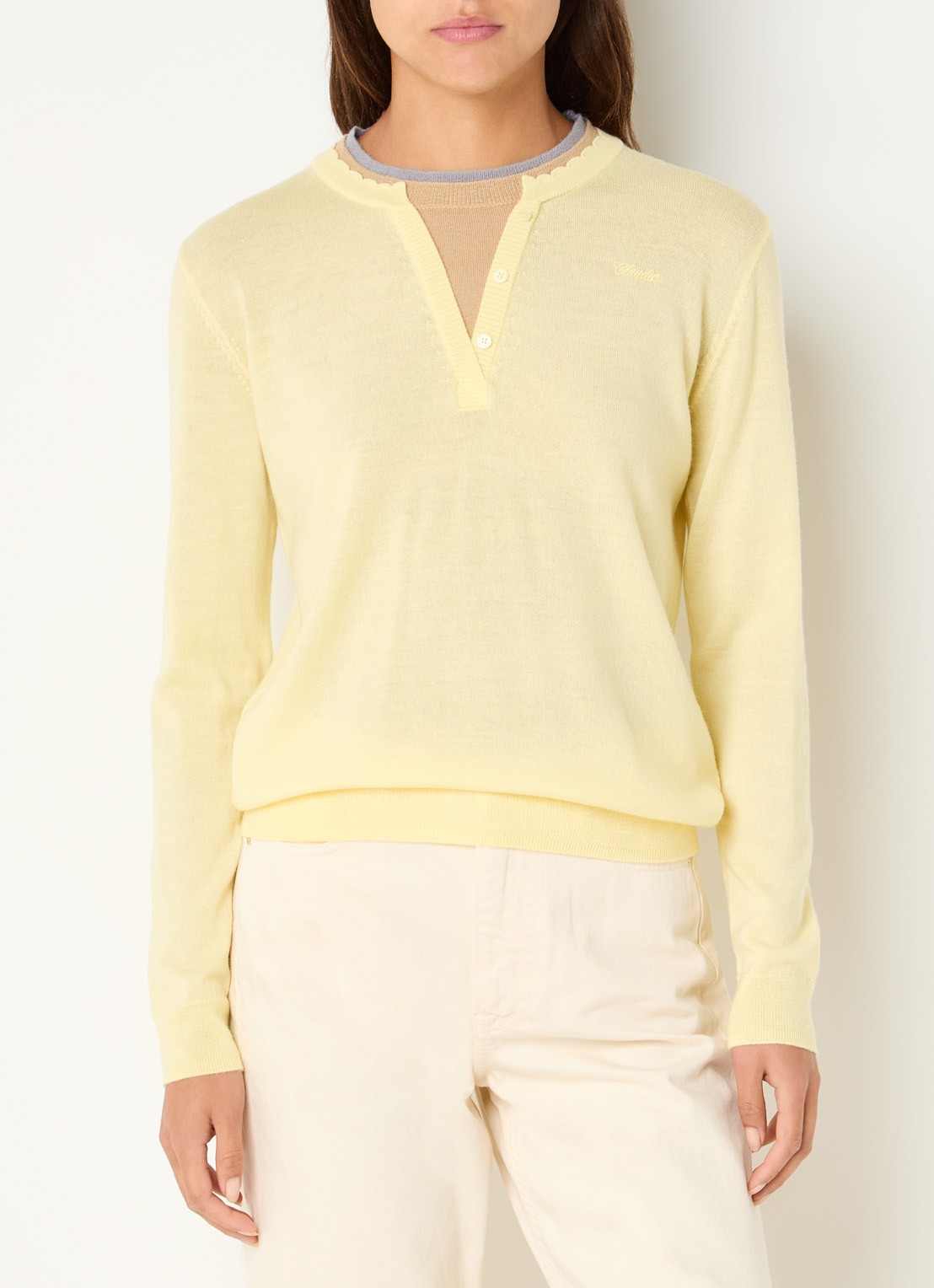 Claudie Pierlot Layette fijngebreide trui van wol met ronde hals - detail citroengeel
