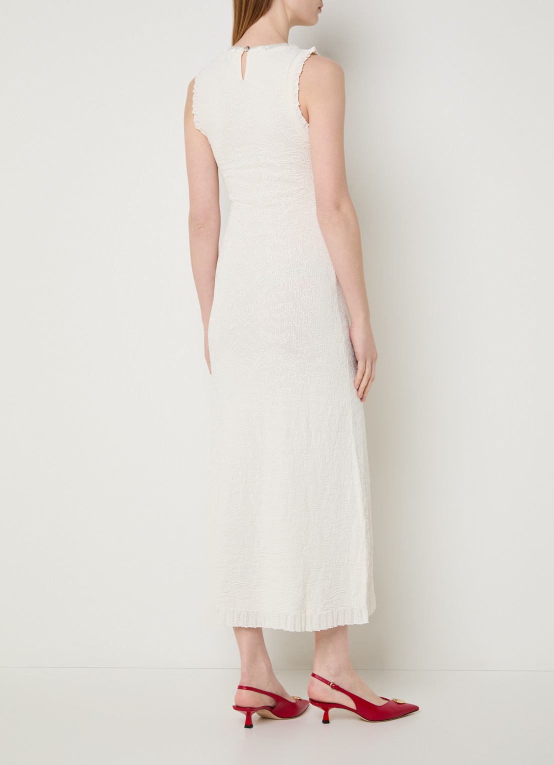 Claudie Pierlot Maellie grofgebreide maxi jurk met ruches - achterkant gebroken wit