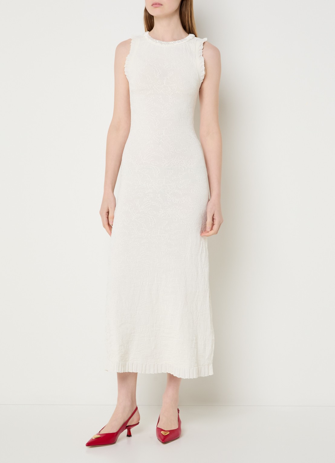 Claudie Pierlot Maellie grofgebreide maxi jurk met ruches - detail 4 gebroken wit