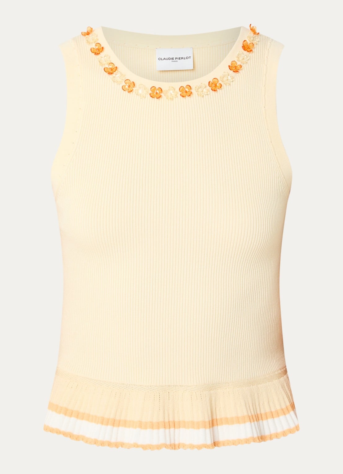 Claudie Pierlot Majany ribgebreide top met strass - voorkant abrikoos