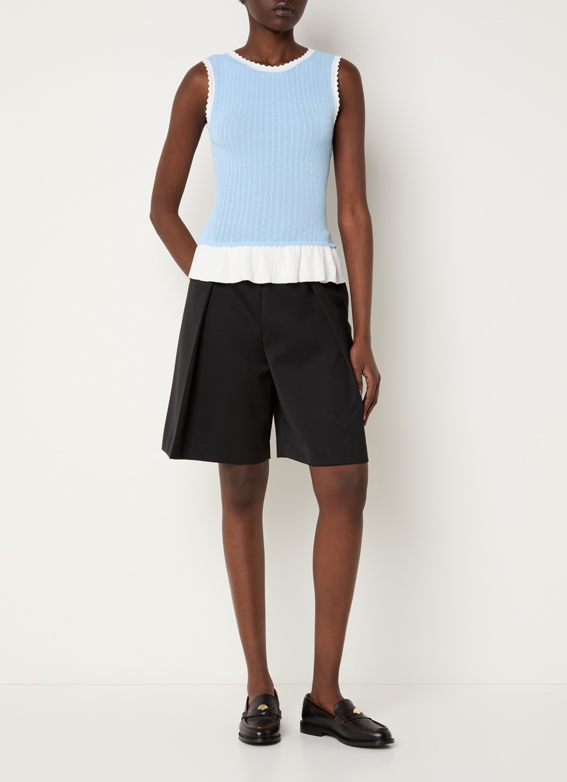 Claudie Pierlot Majo kabelgebreide tanktop met volant - voorkant 4 lichtblauw