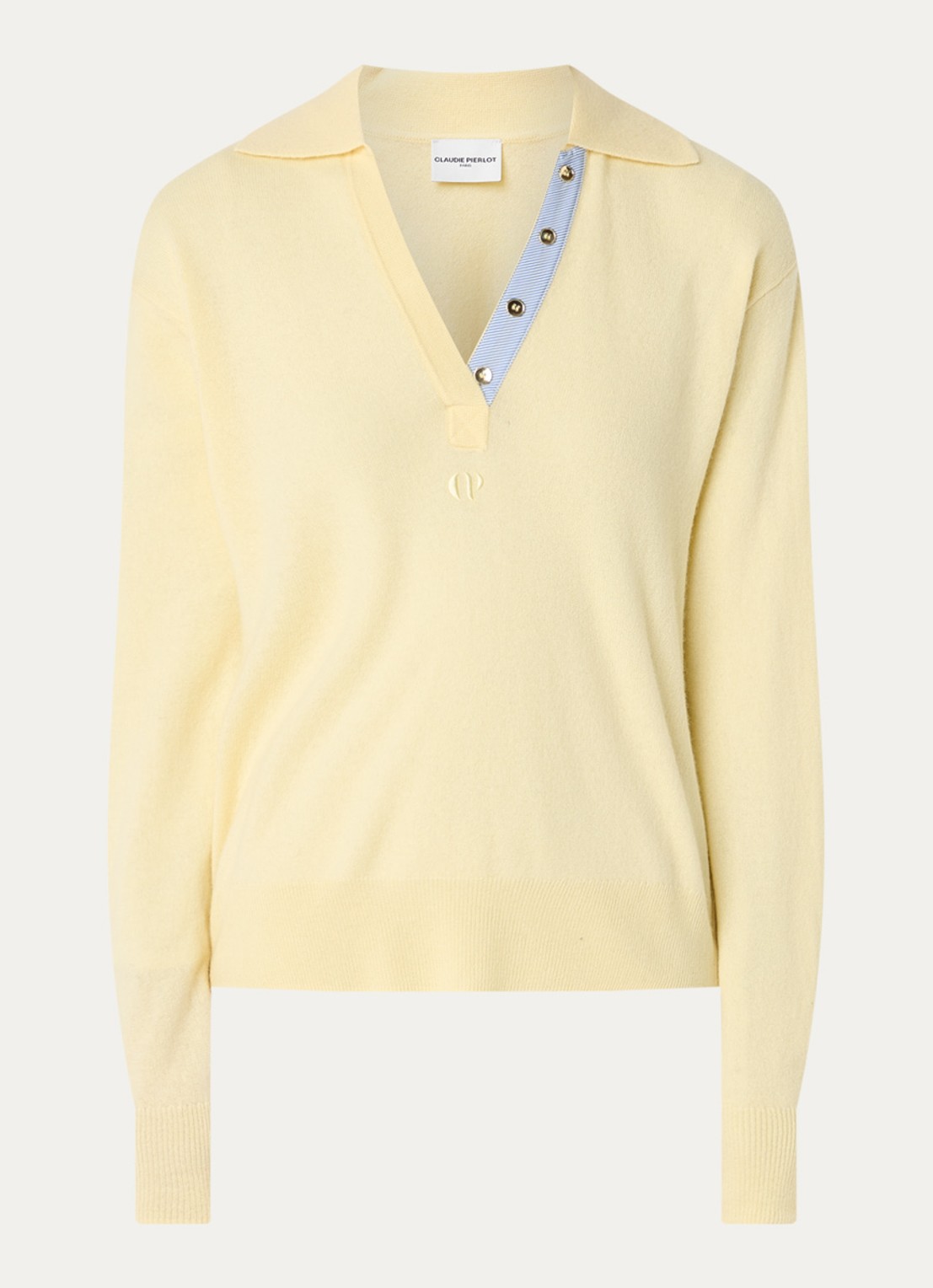 Claudie Pierlot Maloute fijngebreide pullover in kasjmierblend - voorkant 2 vanillegeel