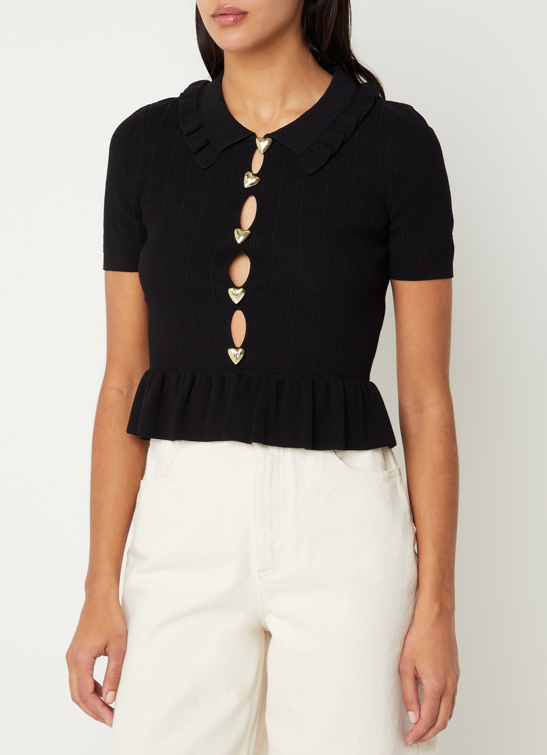 Claudie Pierlot Manalouni ribgebreide top met peplum - detail zwart