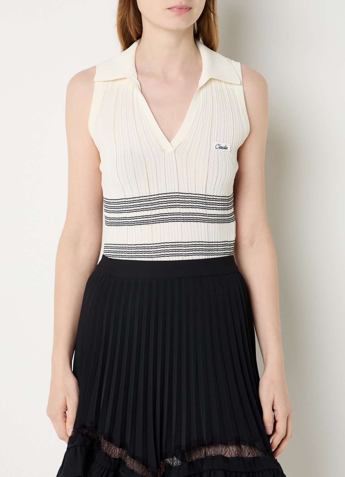 Claudie Pierlot Manalysa fijngebreide top met streepprint - detail 4 vanillegeel