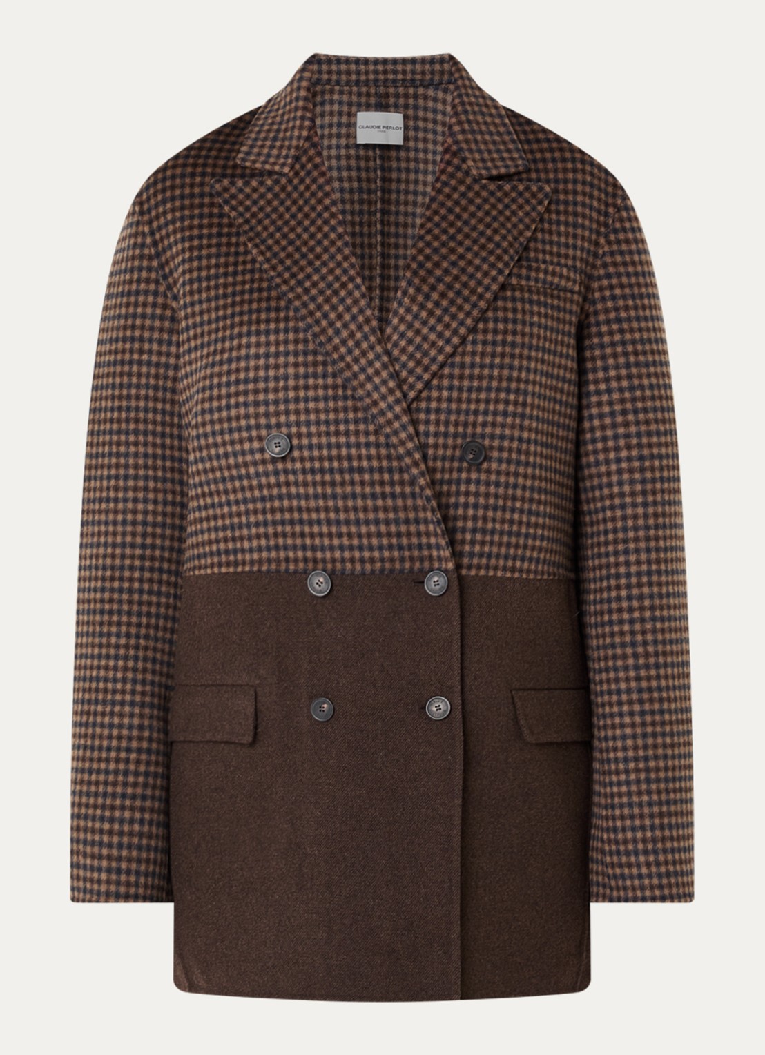 Claudie Pierlot Mantel in wolblend met pied-de-poule dessin - voorkant camel