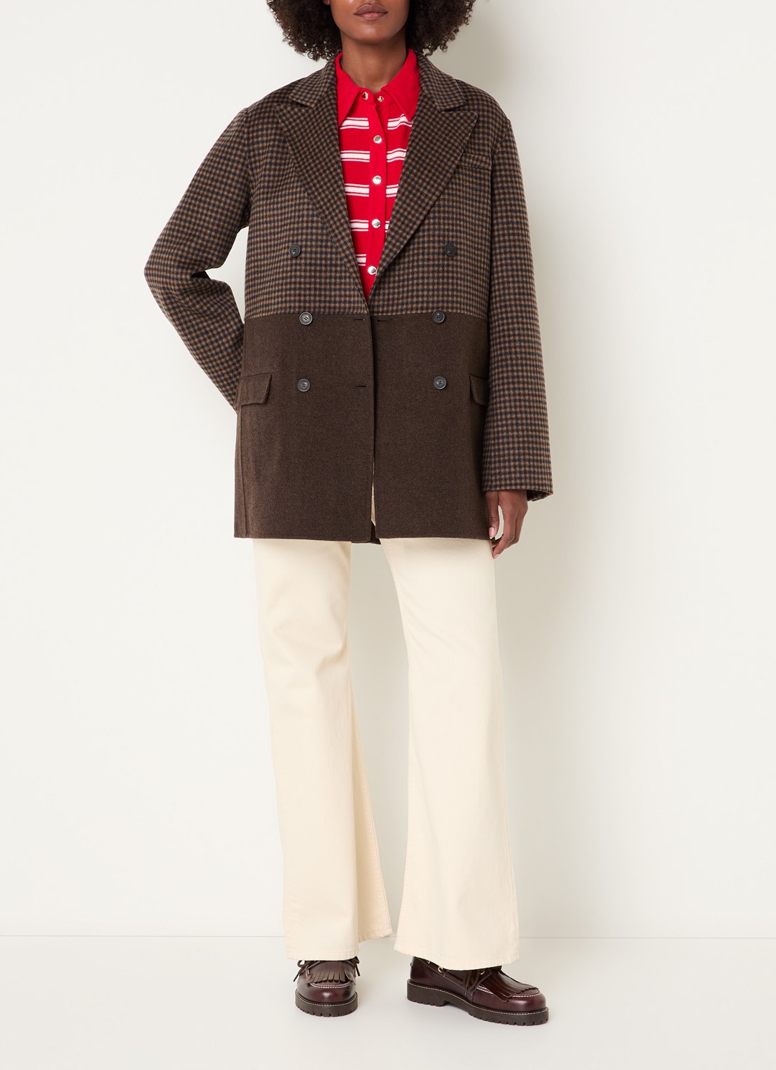 Claudie Pierlot Mantel in wolblend met pied-de-poule dessin - voorkant 2 camel