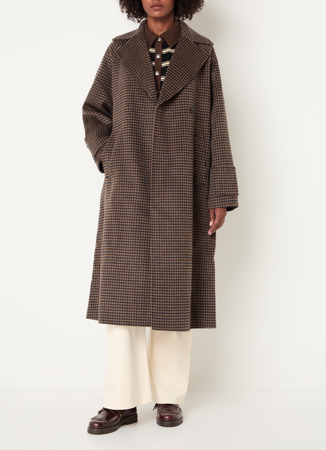 Claudie Pierlot Mantel van wol met pied-de-poule dessin - detail camel