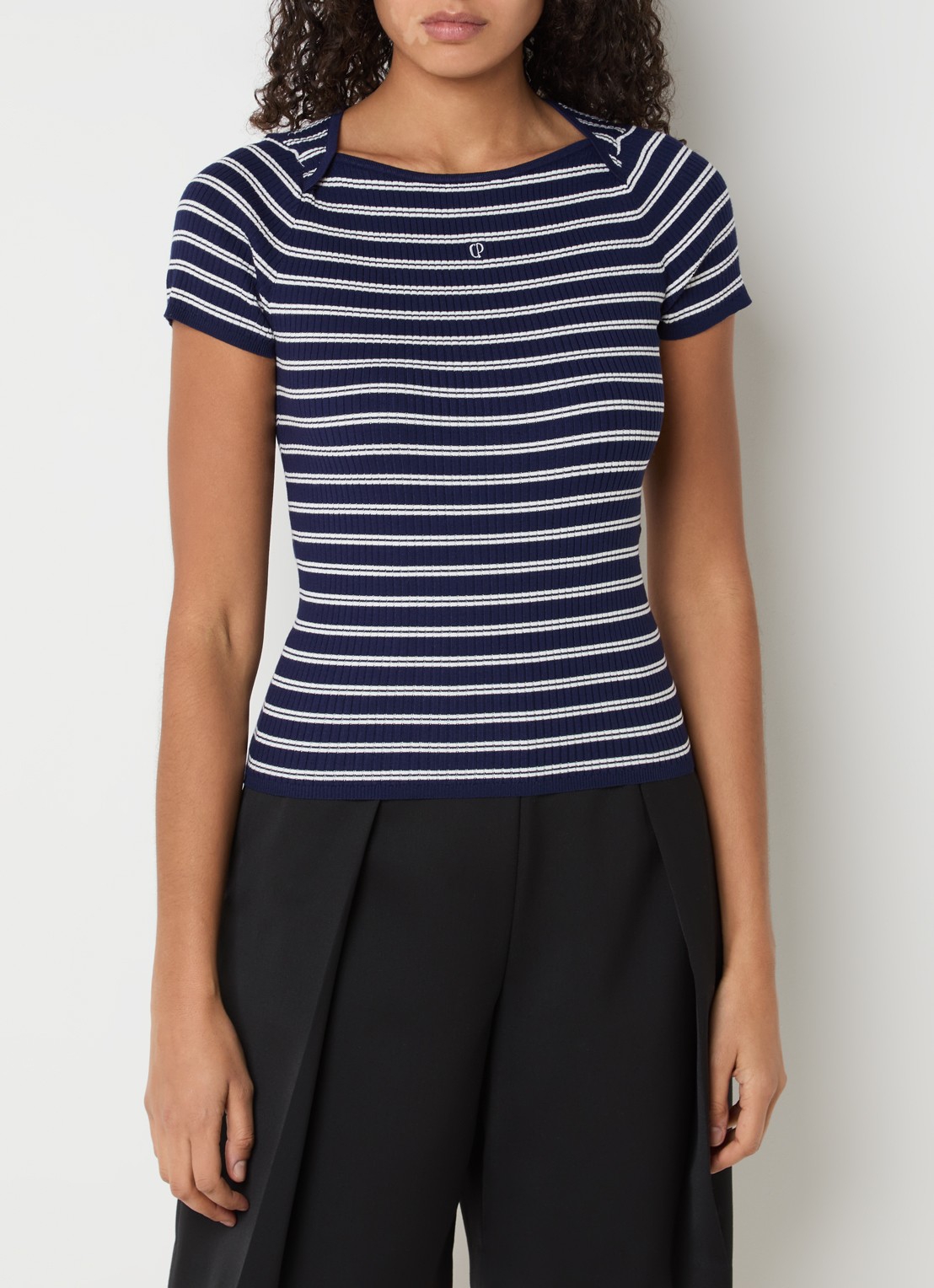 Claudie Pierlot Manzai ribgebreide top met streepprint - detail 3 donkerblauw