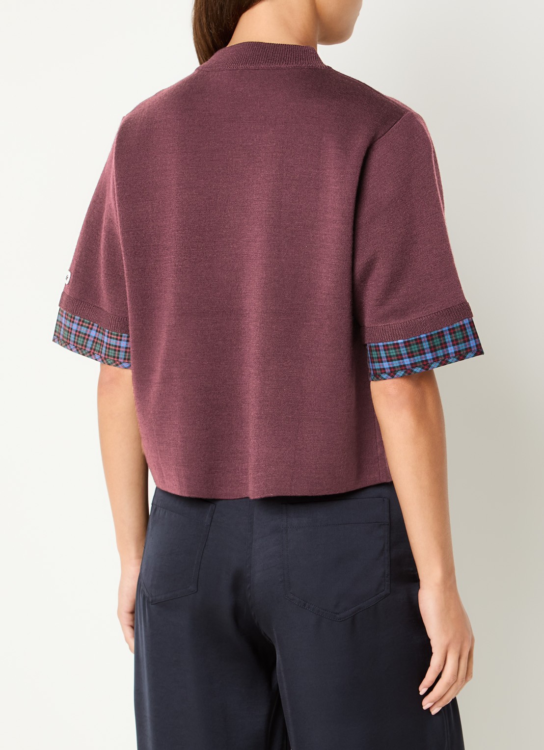 Claudie Pierlot Marayure fijngebreide T-shirt in wolblend met ronde hals - achterkant aubergine