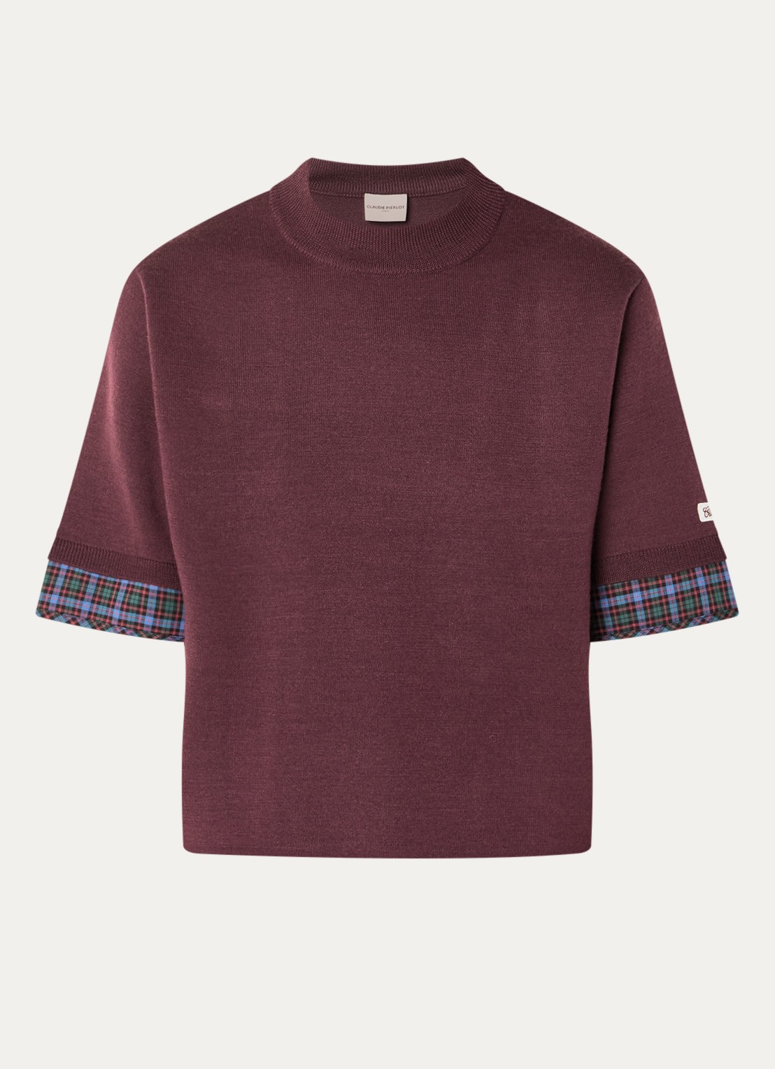 Claudie Pierlot Marayure fijngebreide T-shirt in wolblend met ronde hals - voorkant 3 aubergine