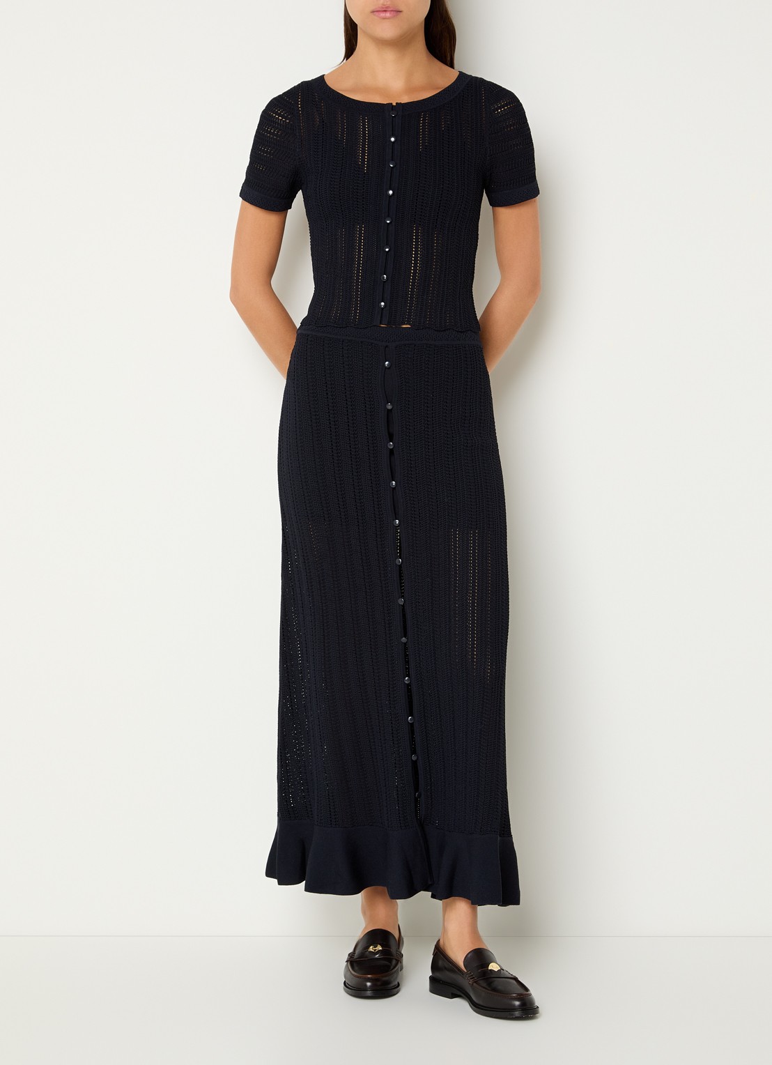 Claudie Pierlot Marc grofgebreide midi rok met sierknopen - voorkant 3 donkerblauw