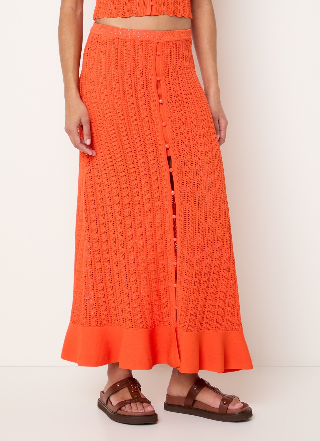Claudie Pierlot Marc grofgebreide midi rok met sierknopen - detail 3 oranjerood