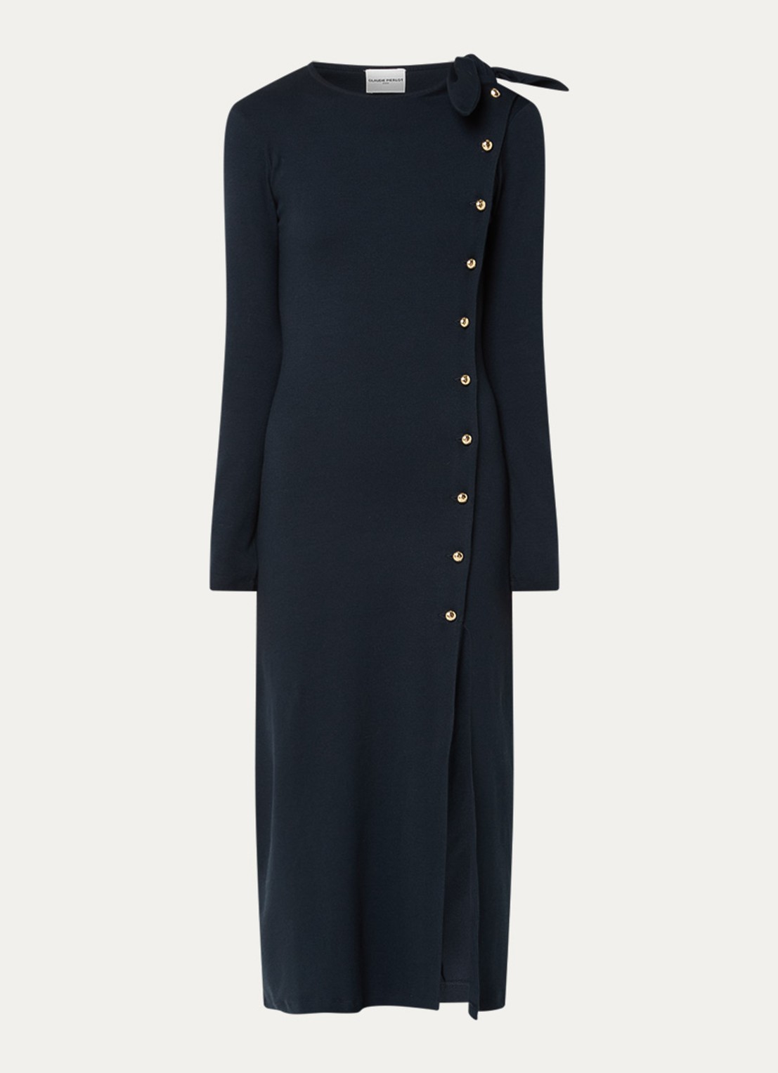 Claudie Pierlot Marceau ribgebreide midi jurk met split en strikdetail - voorkant 3 donkerblauw