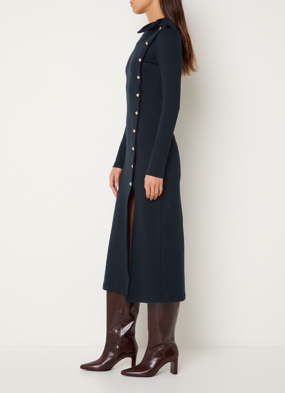 Claudie Pierlot Marceau ribgebreide midi jurk met split en strikdetail - voorkant 4 donkerblauw