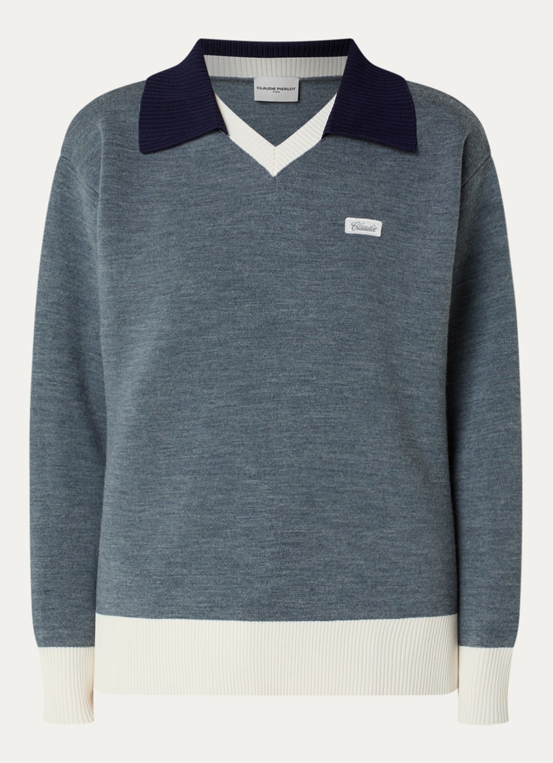 Claudie Pierlot Marinette sweater met kraag - voorkant 3 staalblauw
