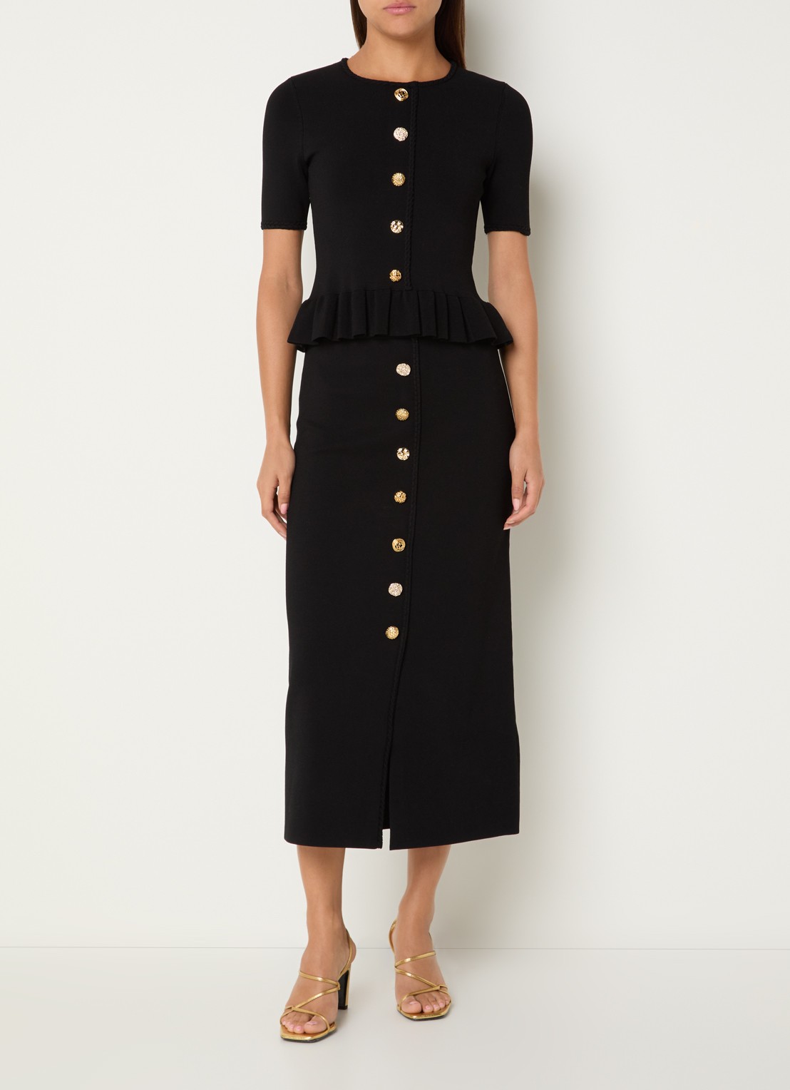 Claudie Pierlot Marquise top met sierknopen en peplum - voorkant 3 zwart