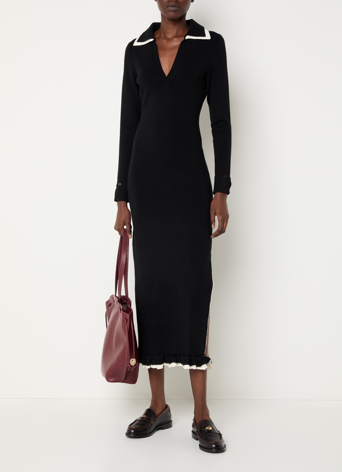 Claudie Pierlot Maxi jurk in wolblend met split - detail 4 zwart