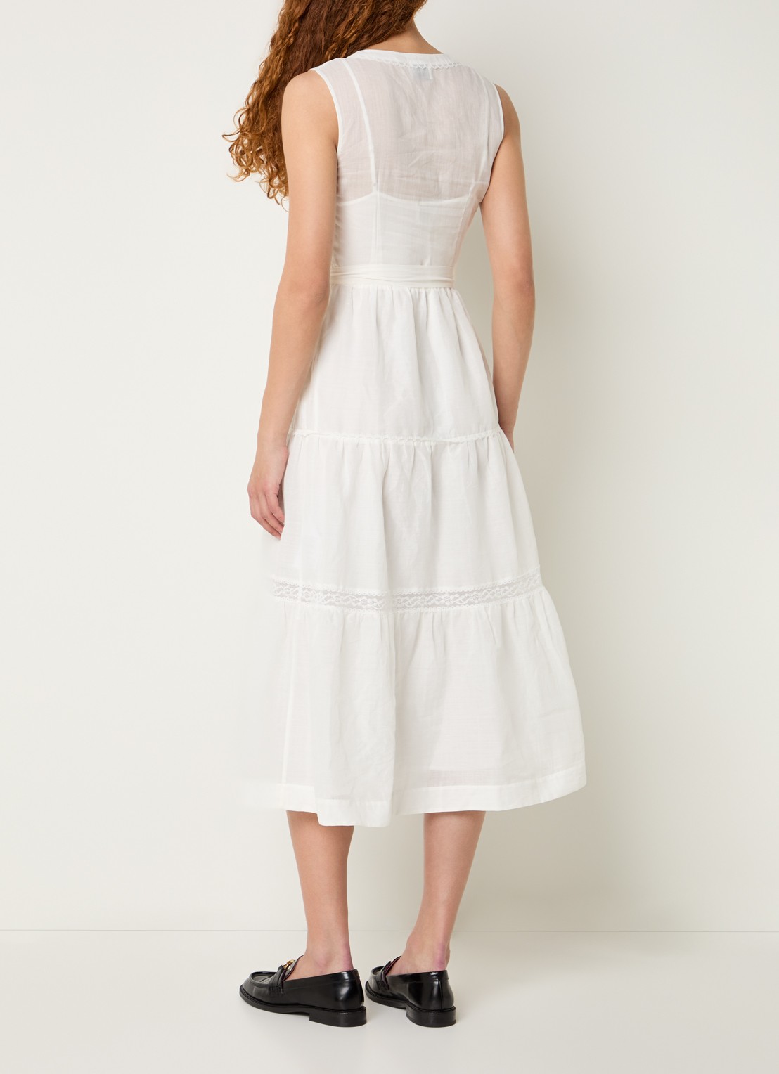 Claudie Pierlot Maxi jurk met broderie en strikceintuur - achterkant 3 gebroken wit