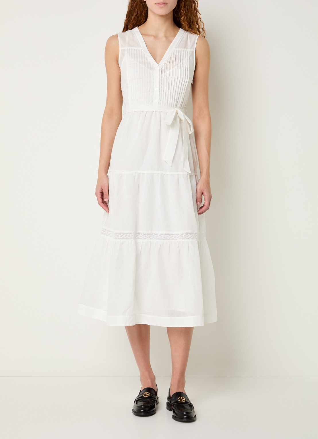 Claudie Pierlot Maxi jurk met broderie en strikceintuur - detail 4 gebroken wit