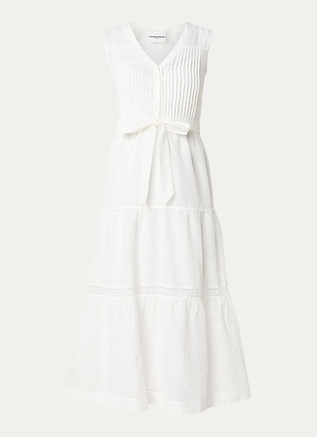 Claudie Pierlot Maxi jurk met broderie en strikceintuur - voorkant gebroken wit