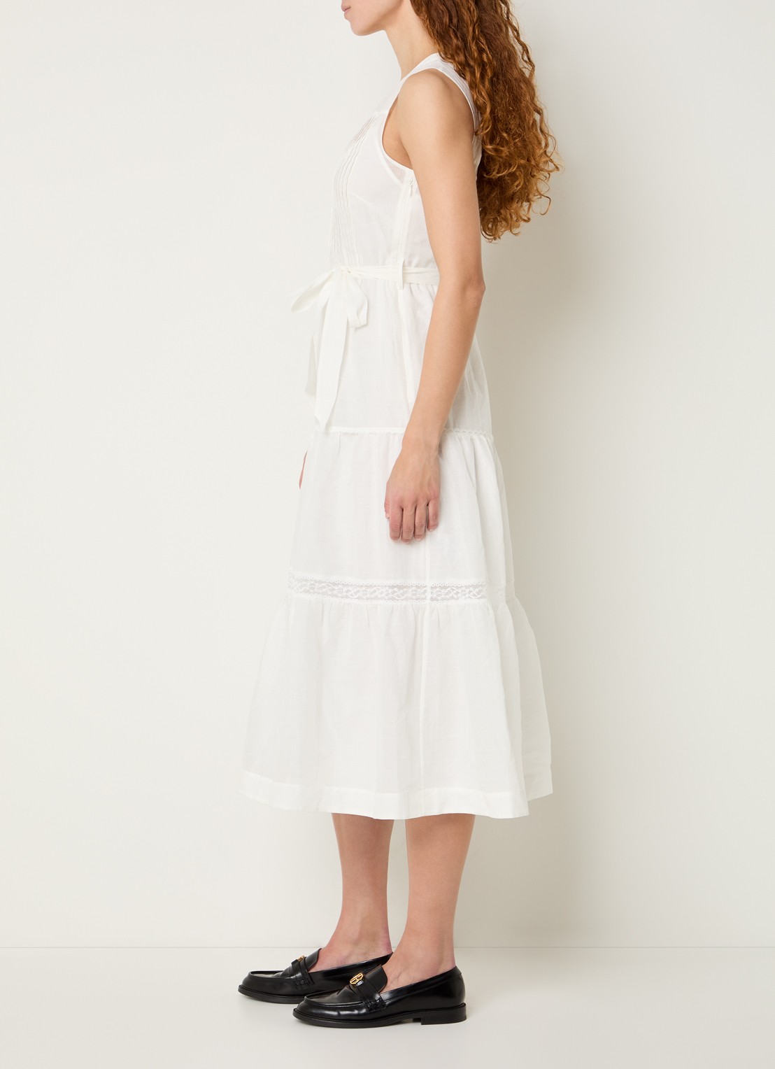 Claudie Pierlot Maxi jurk met broderie en strikceintuur - voorkant 2 gebroken wit