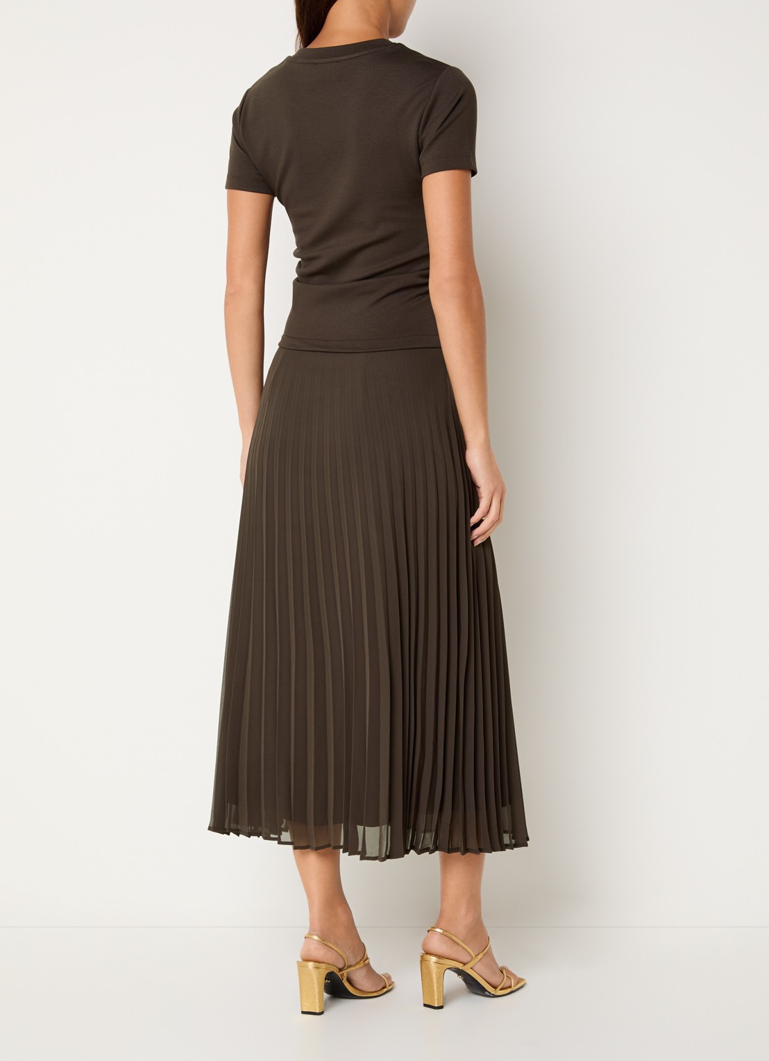 Claudie Pierlot Maxi jurk met plissé - achterkant donkerbruin