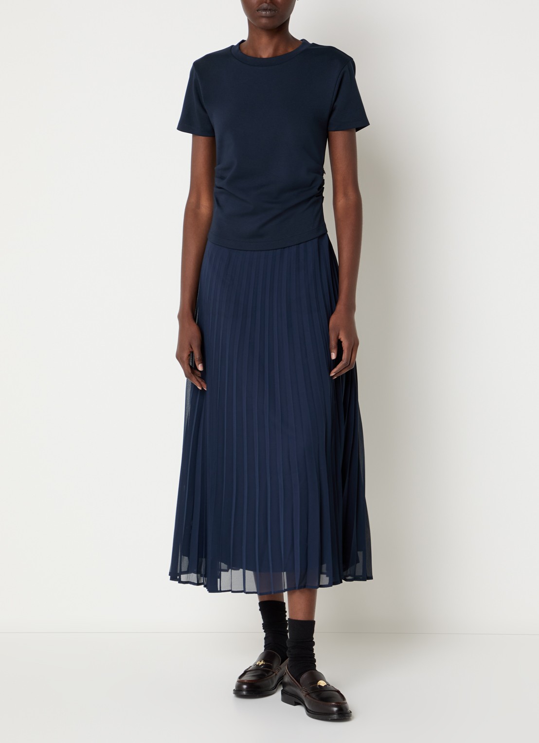 Claudie Pierlot Maxi jurk met plooidetail en ruches - detail donkerblauw