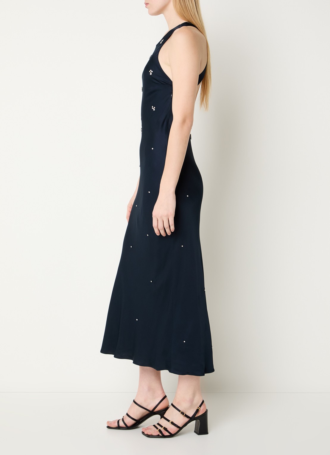 Claudie Pierlot Maxi jurk van satijn met pailletten - achterkant donkerblauw