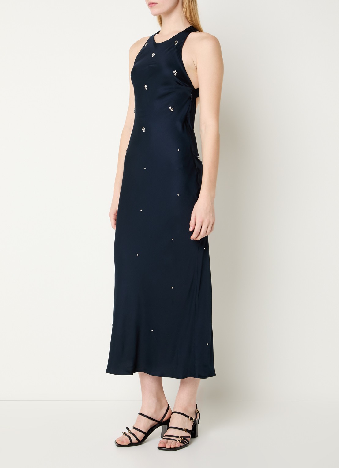 Claudie Pierlot Maxi jurk van satijn met pailletten - detail 2 donkerblauw