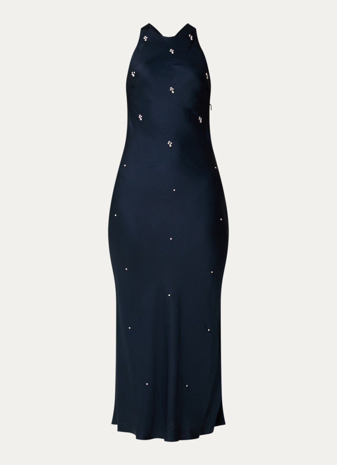 Claudie Pierlot Maxi jurk van satijn met pailletten - voorkant 3 donkerblauw