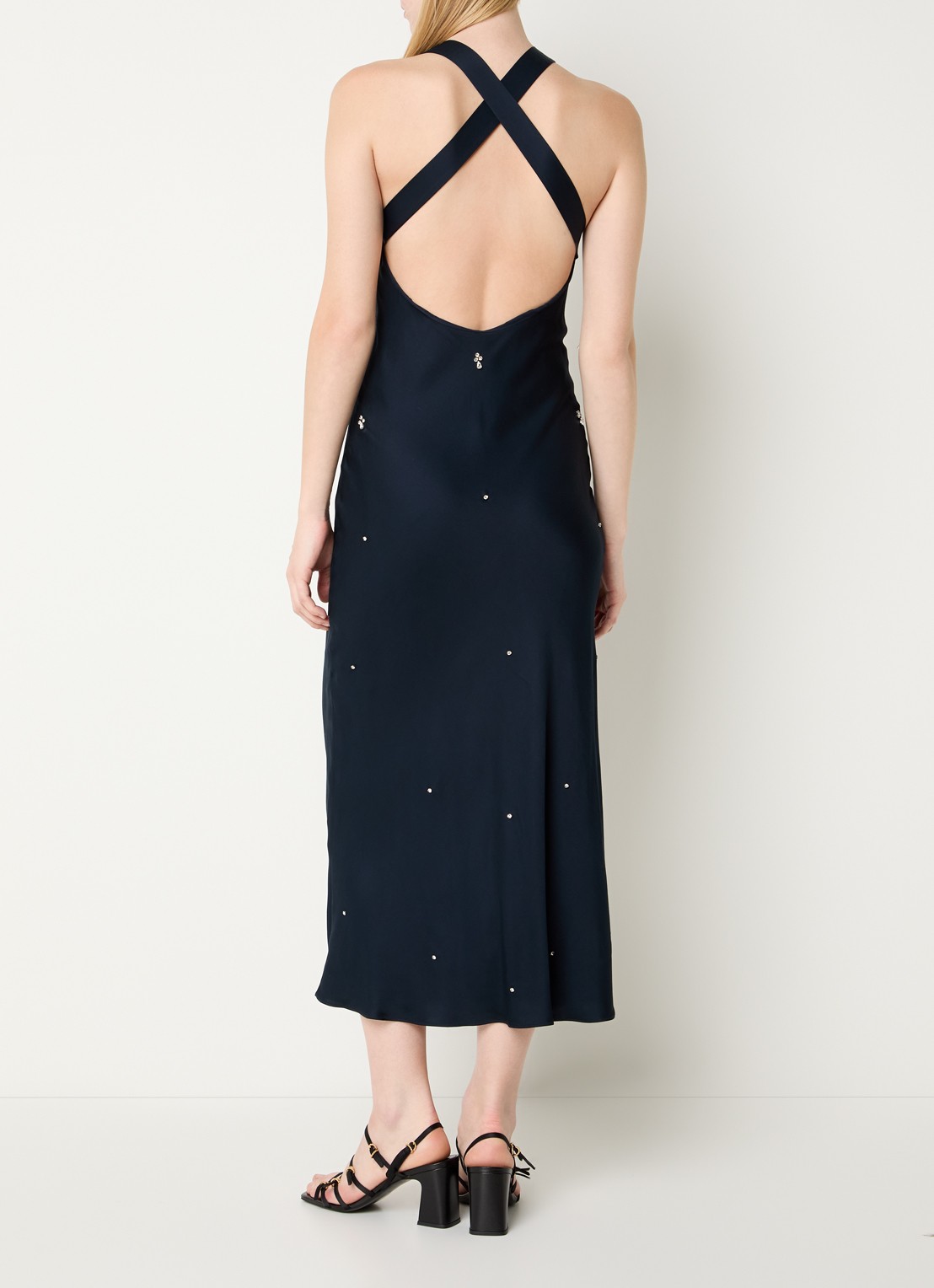 Claudie Pierlot Maxi jurk van satijn met pailletten - voorkant 4 donkerblauw