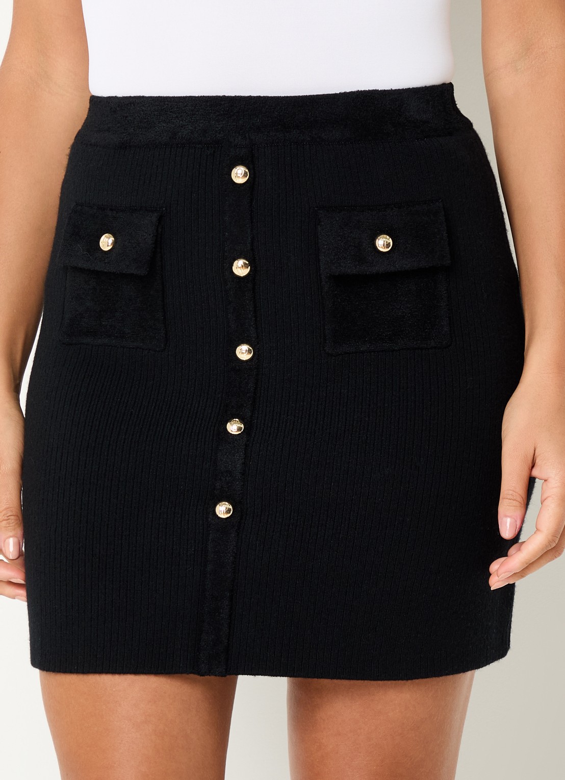 Claudie Pierlot Maxine ribgebreide minirok in wolblend met opgestikte zakken - detail 3 zwart