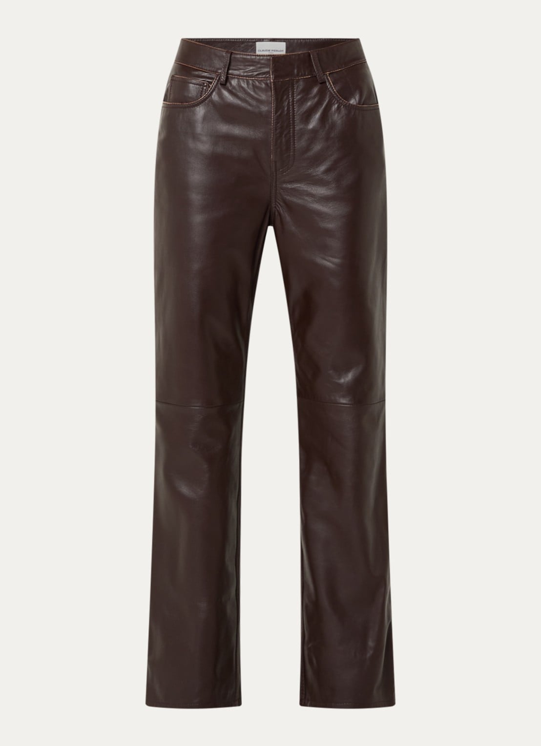 Claudie Pierlot Mid waist straight fit broek van lamsleer met steekzakken - voorkant 2 donkerbruin