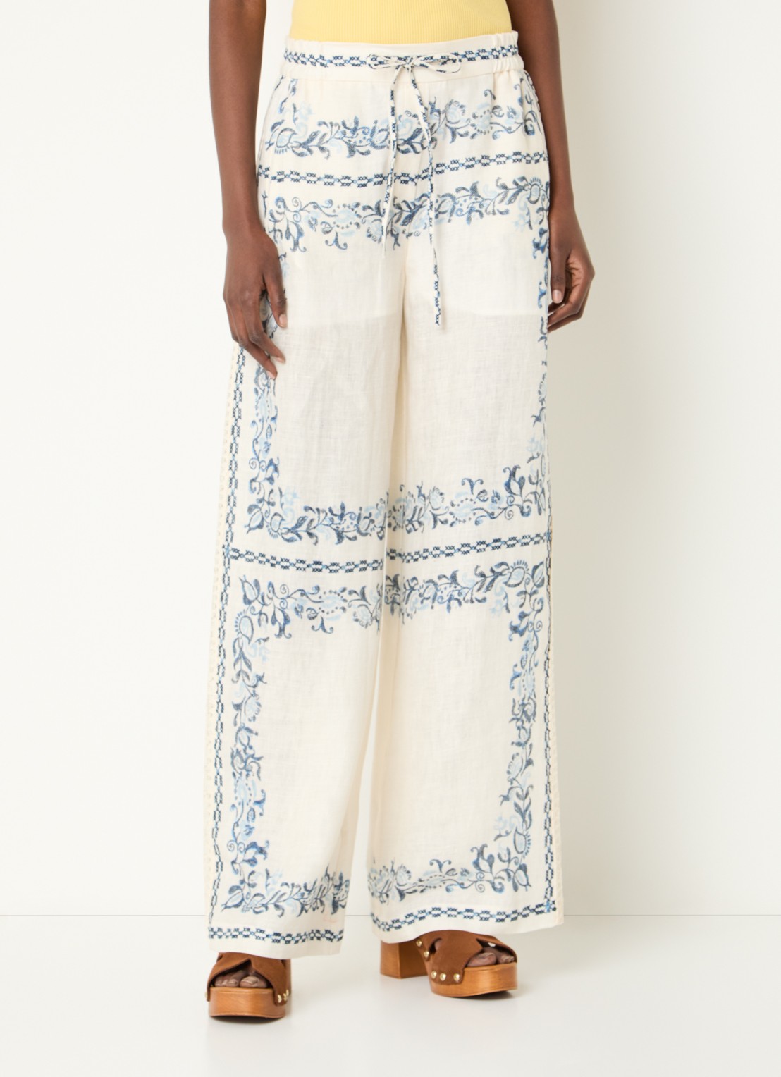 Claudie Pierlot Mid waist wide fit palazzo broek met steekzakken en details van kant - detail 4 creme