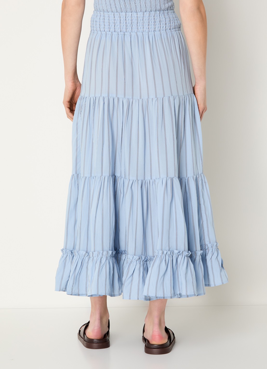 Claudie Pierlot Midi A-lijn rok met streepprint en smockwerk - achterkant 4 lichtblauw