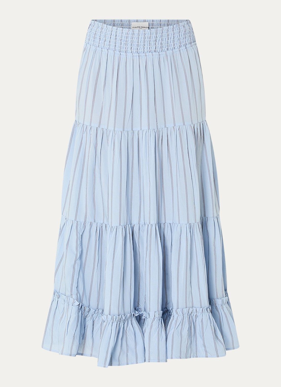 Claudie Pierlot Midi A-lijn rok met streepprint en smockwerk - voorkant 2 lichtblauw
