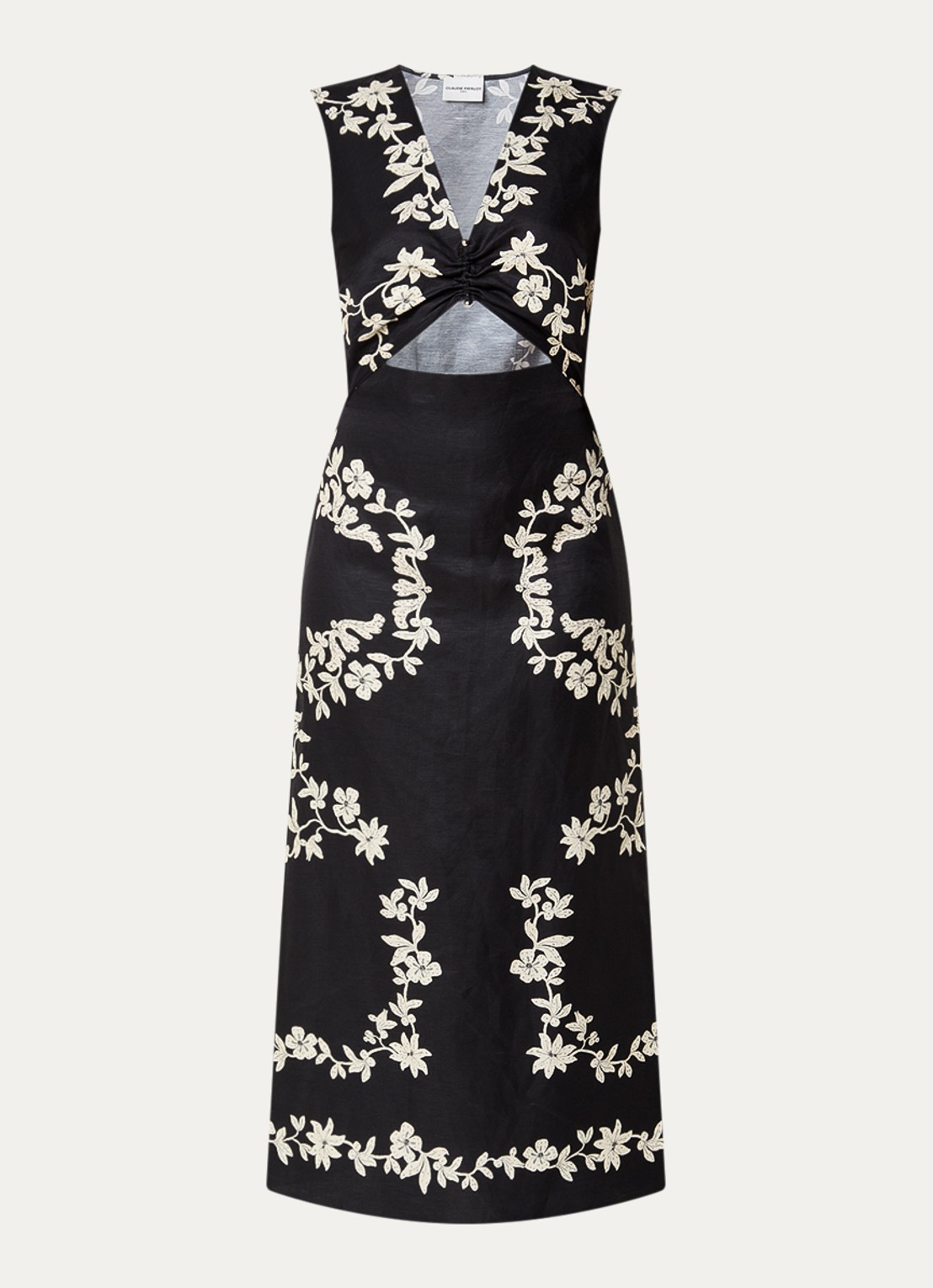 Claudie Pierlot Midi jurk in linnenblend met split en print - voorkant 3 zwart
