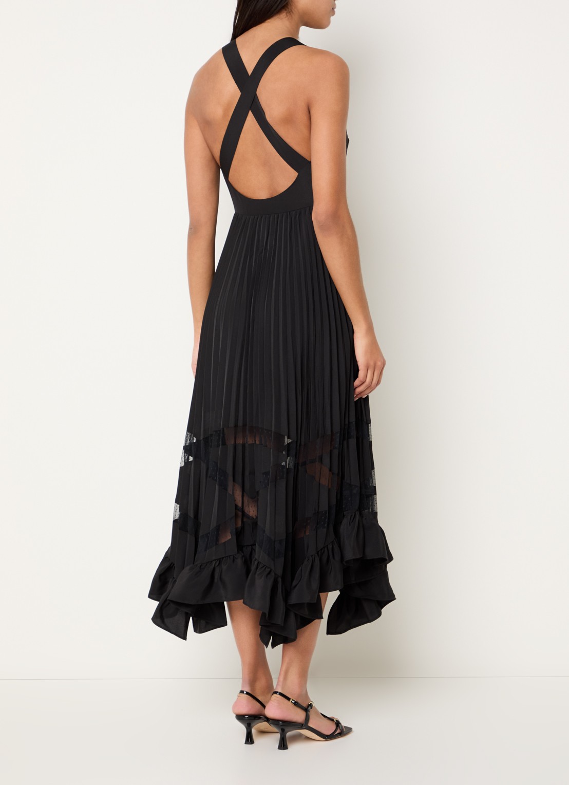 Claudie Pierlot Midi jurk met details van kant en plooien - achterkant 4 zwart