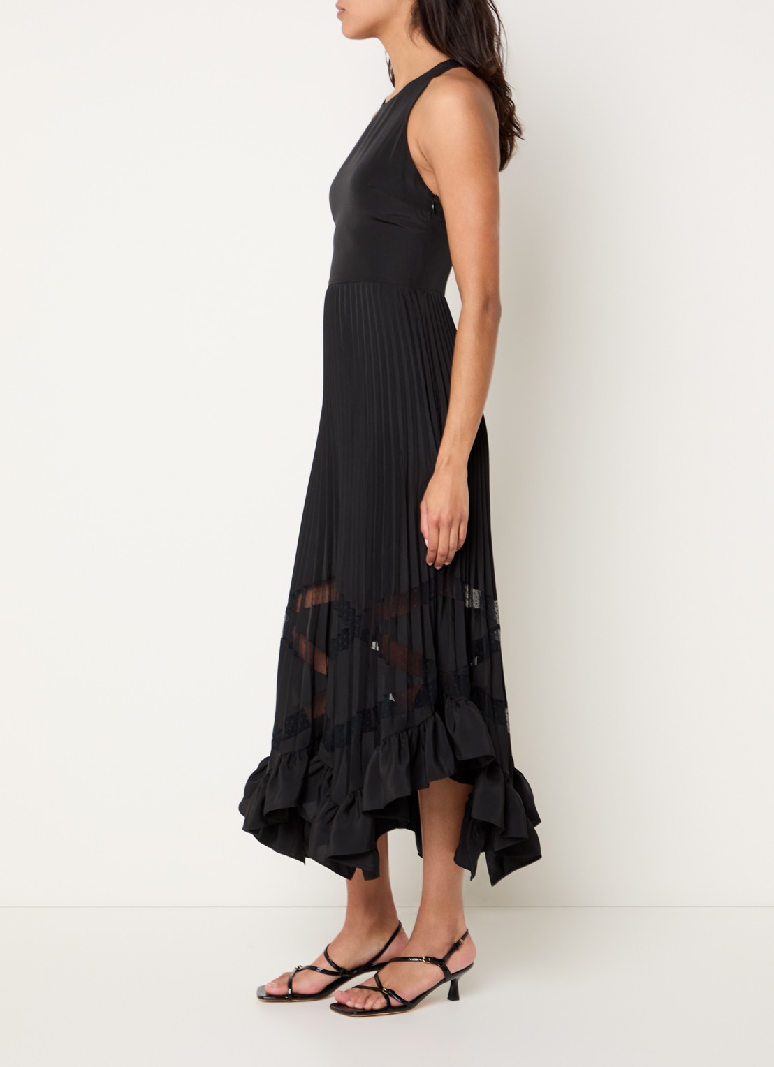 Claudie Pierlot Midi jurk met details van kant en plooien - voorkant 2 zwart