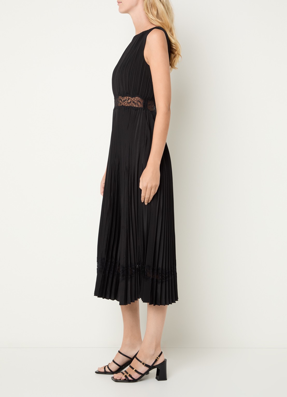 Claudie Pierlot Midi jurk met plissé en details van kant - voorkant 4 zwart