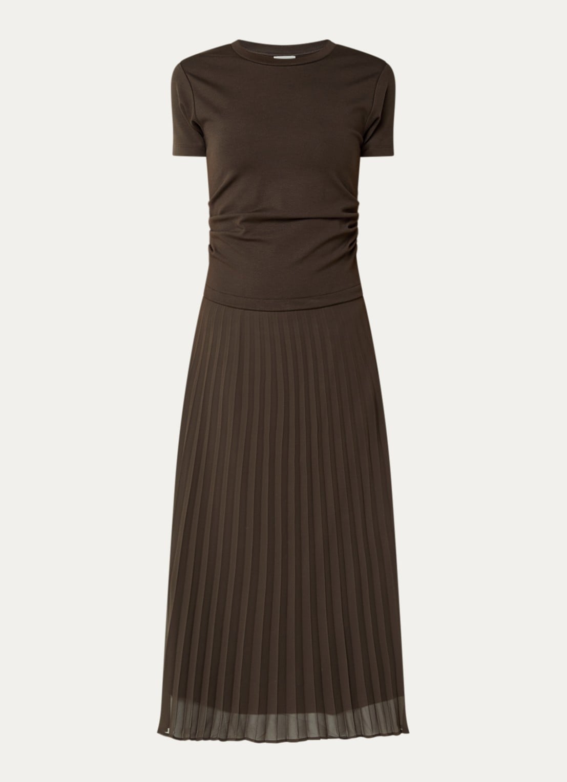 Claudie Pierlot Midi jurk met ruches en plissé - voorkant 2 donkerbruin