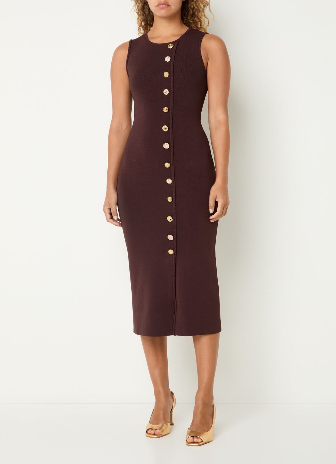 Claudie Pierlot Midi jurk met sierknopen - detail 2 donkerbruin