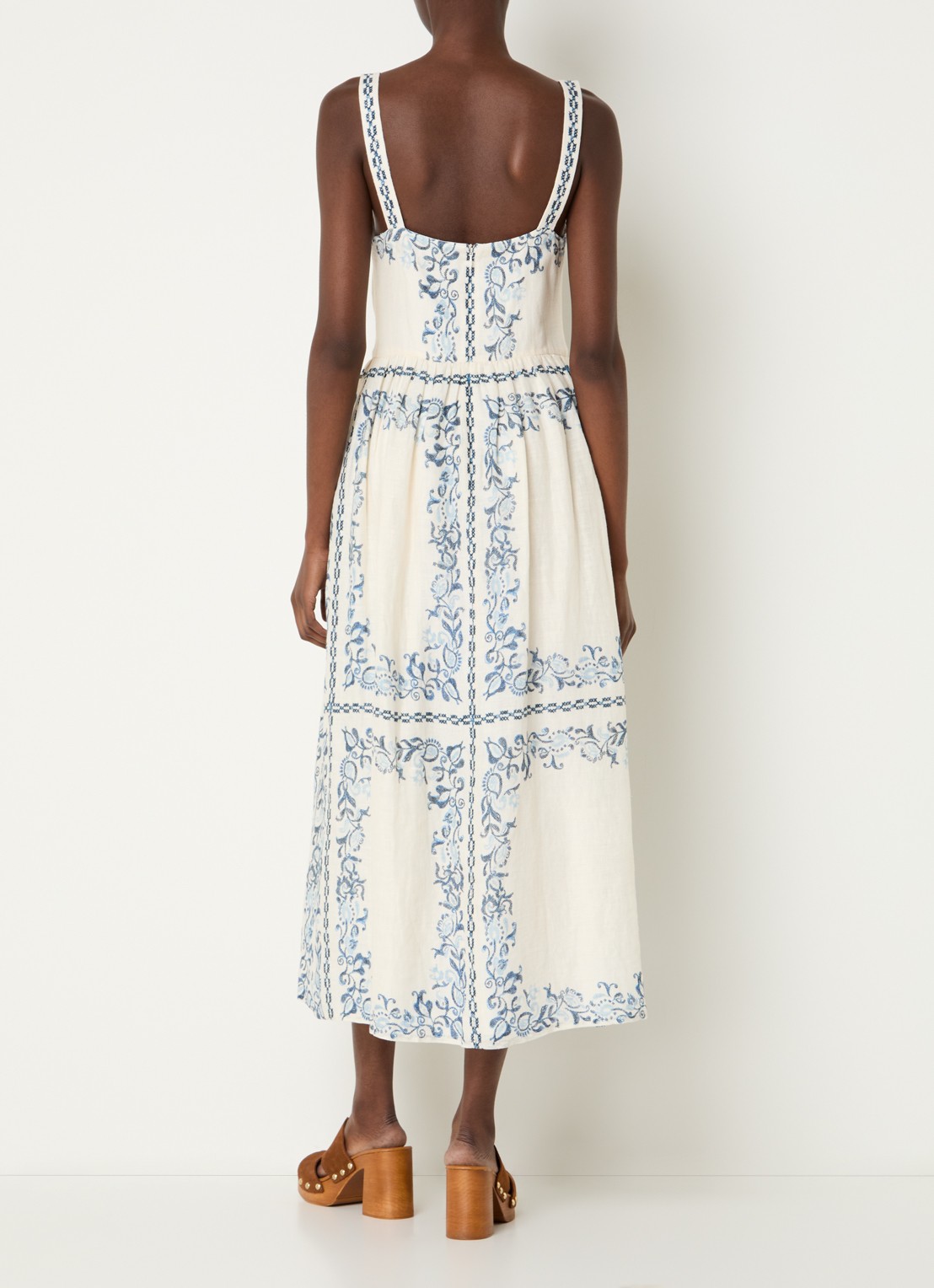 Claudie Pierlot Midi jurk van linnen met bloemenprint en steekzakken - achterkant gebroken wit