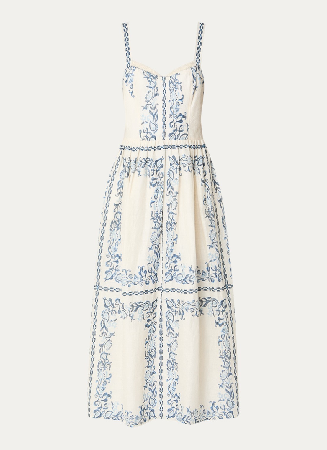 Claudie Pierlot Midi jurk van linnen met bloemenprint en steekzakken - voorkant 2 gebroken wit