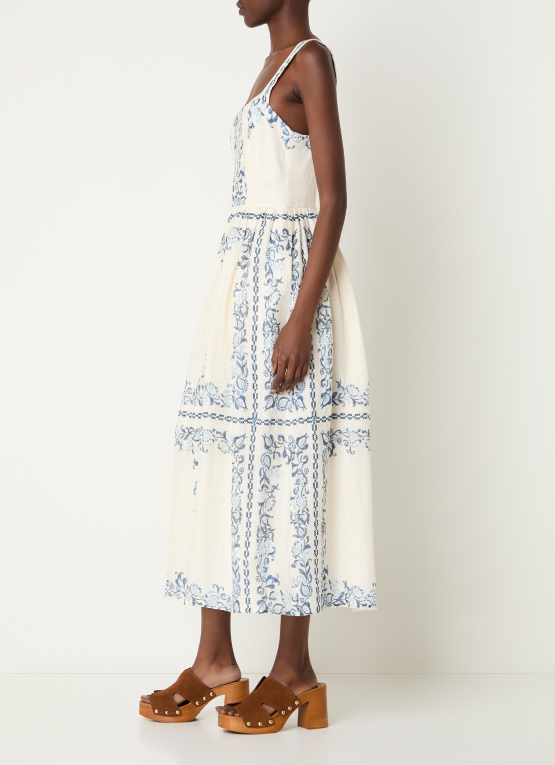 Claudie Pierlot Midi jurk van linnen met bloemenprint en steekzakken - voorkant 3 gebroken wit