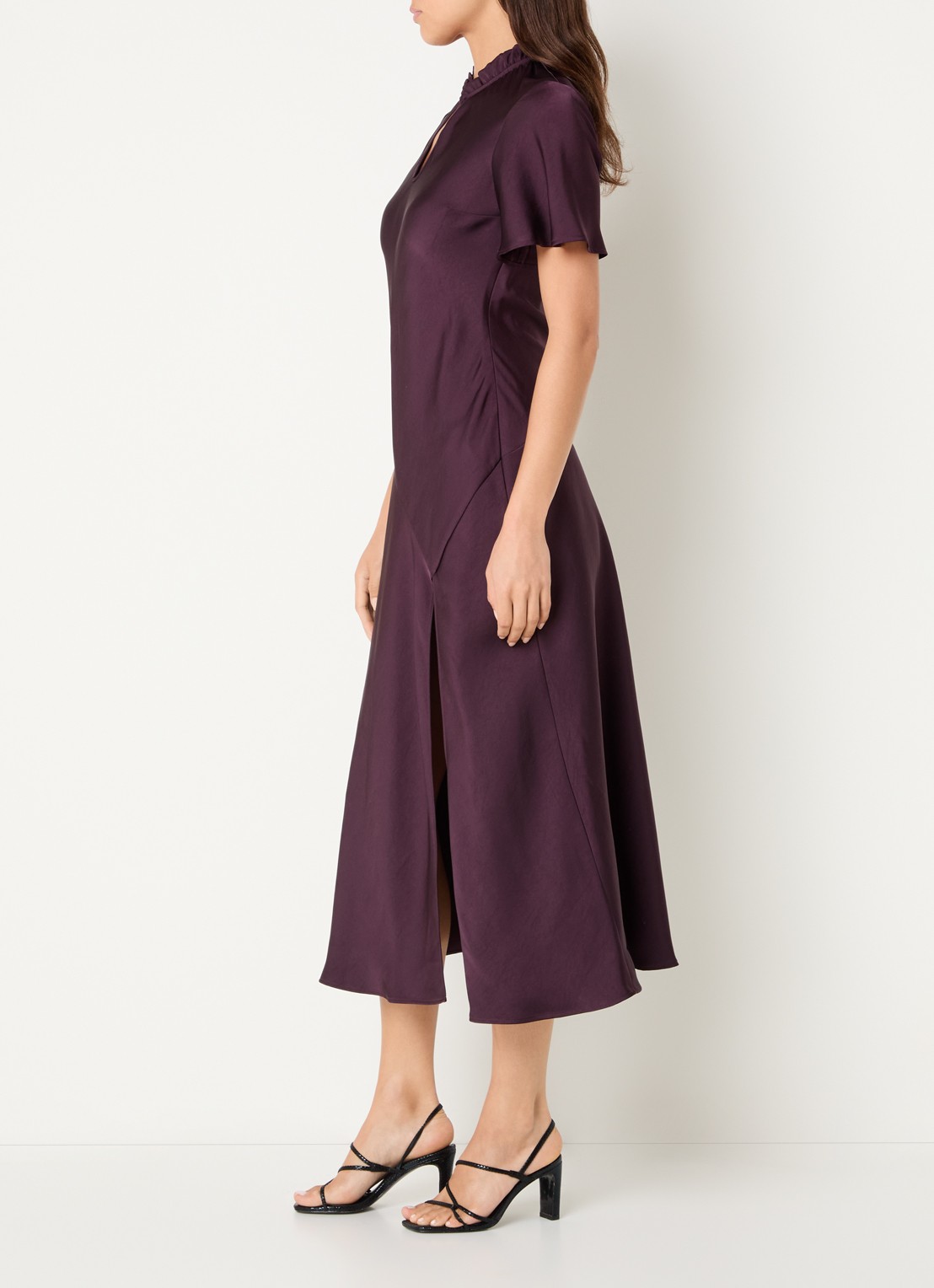 Claudie Pierlot Midi jurk van satijn met split - voorkant 3 aubergine