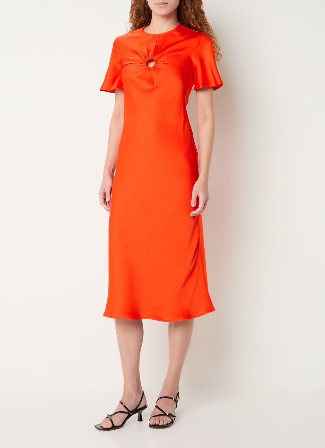 Claudie Pierlot Midi jurk van satijn - detail 4 koraalrood