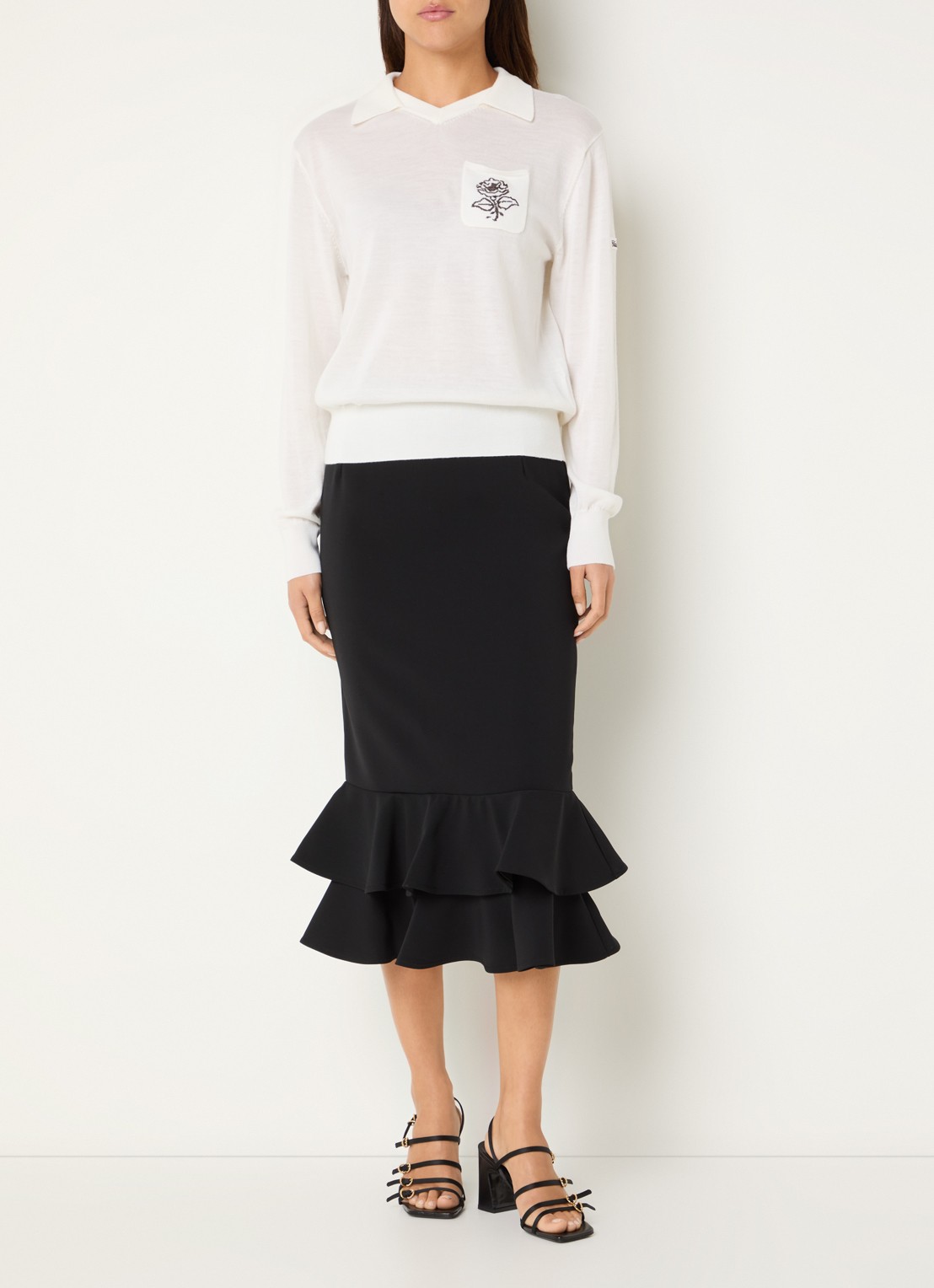 Claudie Pierlot Midi kokerrok met volant - voorkant 2 zwart