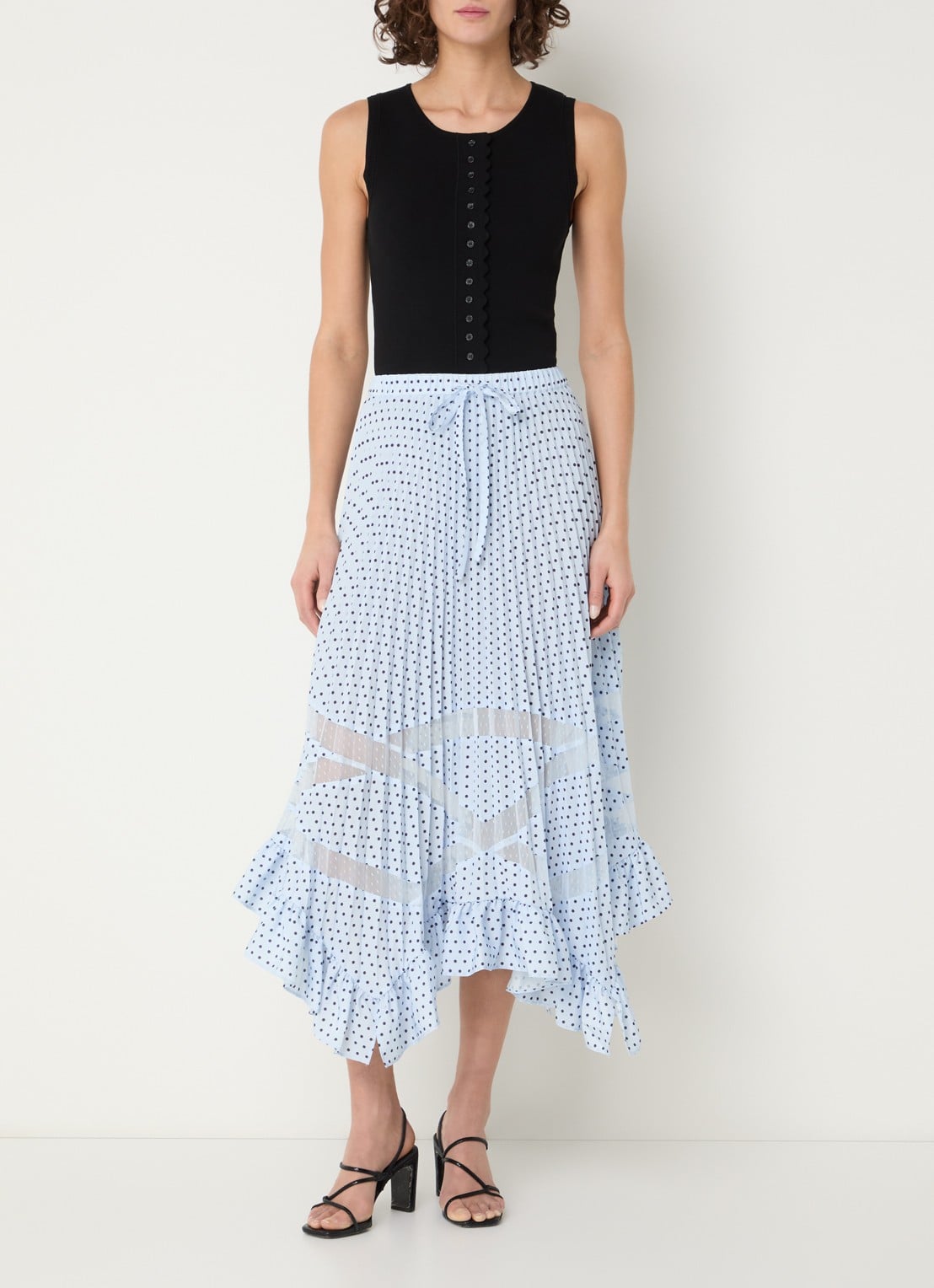 Claudie Pierlot Midi plooirok met stippenprint  - voorkant 3 lichtblauw