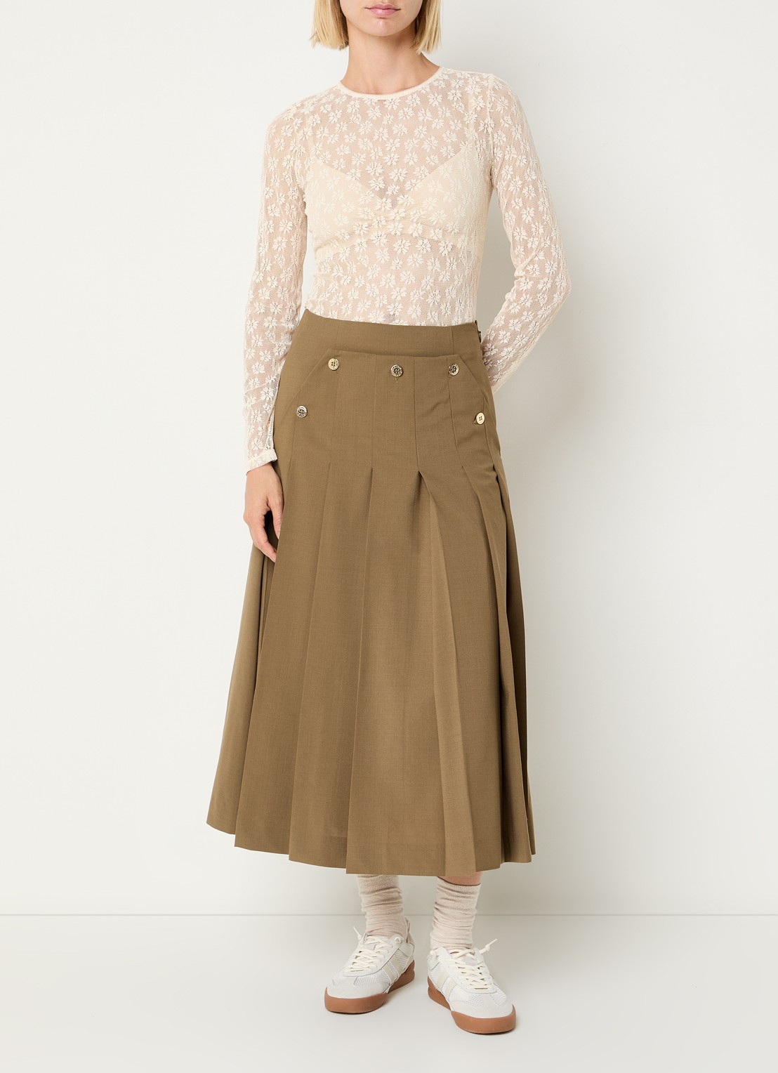 Claudie Pierlot Midi rok in wolblend met plissé - voorkant 4 camel